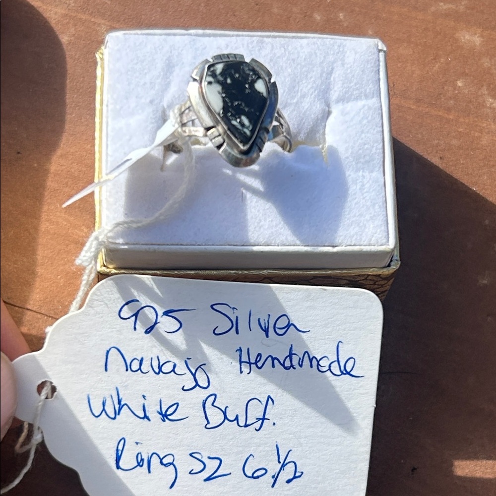 Handmade Navajo Sterling Silver White Buffalo Teardrop Ring